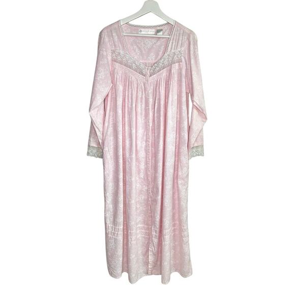 Eileen West Vintage Cotton Long Sleeve Lace Trim Button Front Nightgown Pink S - Picture 1 of 11